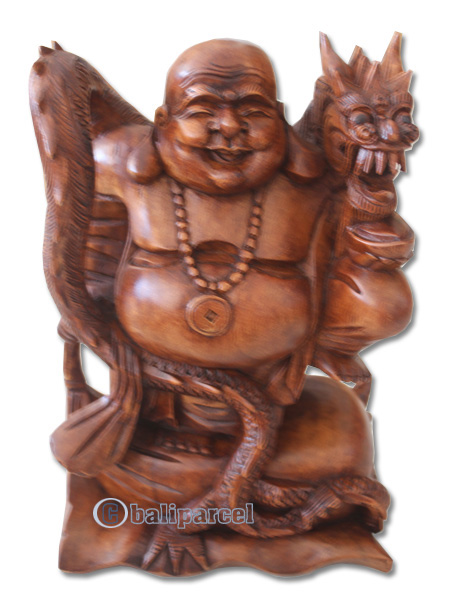 Wooden Happy Buddha With Dragon, Hand Carved From Suar Wood With Brown Polished