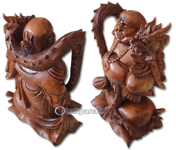 Wooden Happy Buddha With Dragon, Hand Carved From Suar Wood With Brown Polished