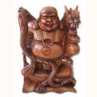 Wooden Happy Buddha With Dragon, Hand Carved From Suar Wood With Brown Polished