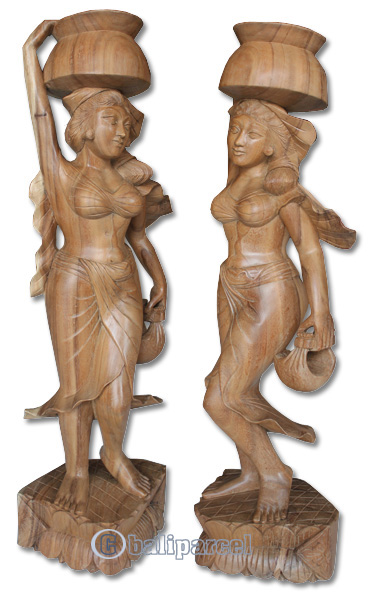 Wooden Balinese Statue, Hand Carved From Suar Wood Natutral Polished
