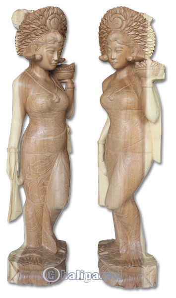 Wooden Balinese Statue, Hand Carved From Suar Wood Natutral Polished
