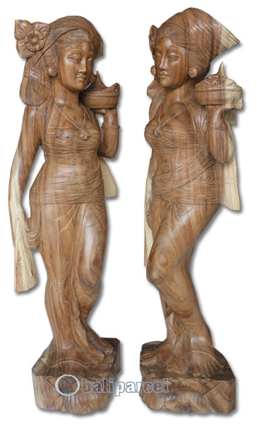 Wooden Balinese Statue, Hand Carved From Suar Wood Natutral Polished