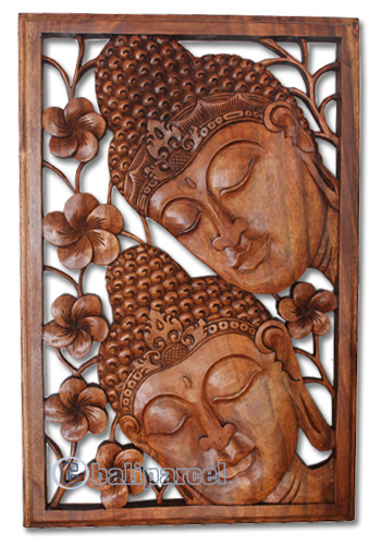 Wooden Buddha Wallhanging, Hand Carved From Suar Wood With Brown Polished
