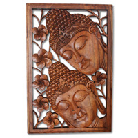 Wooden Buddha Wallhanging, Hand Carved From Suar Wood With Brown Polished