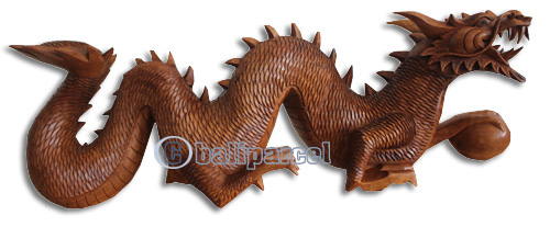 Wooden Dragon Carving, Hand Carved From Suar Wood With Brown Polished