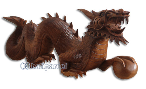 Wooden Dragon Carving, Hand Carved From Suar Wood With Brown Polished