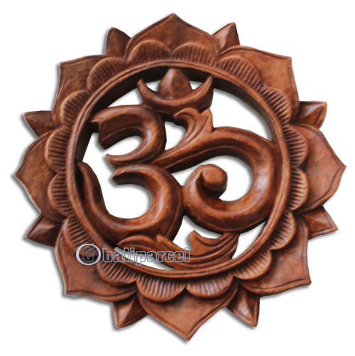 Wooden Wallhanging, OM, Made From Suar Wood Brown Polished
