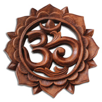 Wooden Wallhanging, OM, Made From Suar Wood Brown Polished