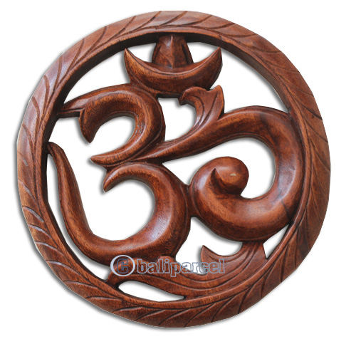 Wooden Wallhanging, OM, Made From Suar Wood Brown Polished