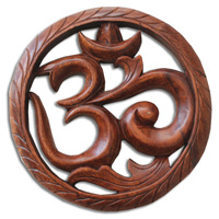 Wooden Wallhanging, OM, Made From Suar Wood Brown Polished
