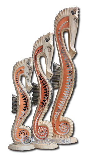 Wooden Sea Horse Set Of 3, Hand Carved From Albesia Wood