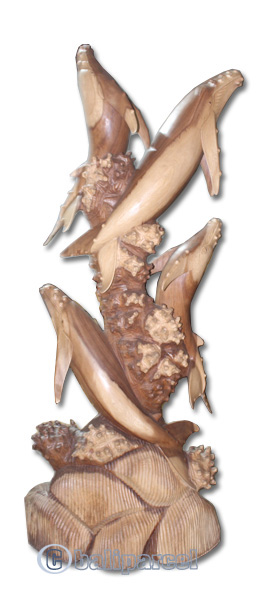 Wooden 4 Whale, Hand Carved From Suar Wood With Natural Polished