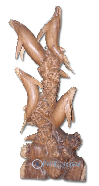 Wooden 4 Whale, Hand Carved From Suar Wood With Natural Polished