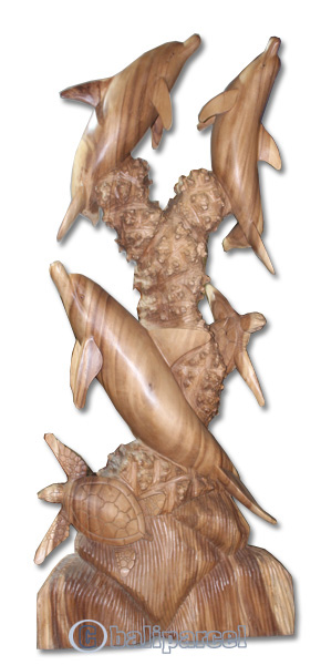Wooden 3 Dholpins And 2 Turtles Carving, Hand Carved From Suar Wood With Natural Polished