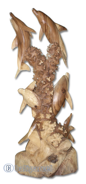 Wooden 3 Dholpins And 2 Turtles Carving, Hand Carved From Suar Wood With Natural Polished