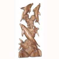 Wooden 3 Dholpins And 2 Turtles Carving, Hand Carved From Suar Wood With Natural Polished