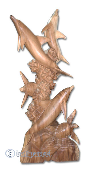 Wooden 3 Dholpins And 2 Turtles Carving, Hand Carved From Suar Wood With Natural Polished