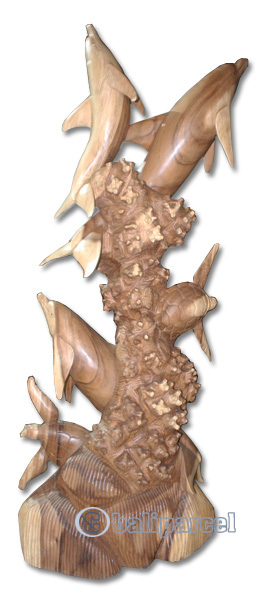 Wooden 3 Dholpins And 2 Turtles Carving, Hand Carved From Suar Wood With Natural Polished