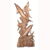 Wooden 3 Dholpins And 2 Turtles Carving, Hand Carved From Suar Wood With Natural Polished