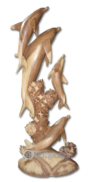 Wooden 4 Dholpins Carving, Hand Carved From Suar Wood With Natural Polished