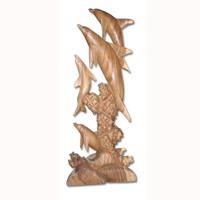 Wooden 4 Dholpins Carving, Hand Carved From Suar Wood With Natural Polished