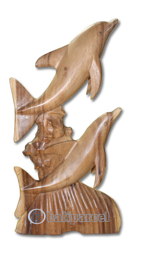 Wooden 2 Dolphins, Hand Carved From Suar Wood 