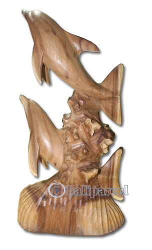 Wooden 2 Dolphins, Hand Carved From Suar Wood 