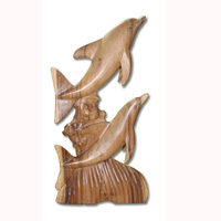 Wooden 2 Dolphins, Hand Carved From Suar Wood 