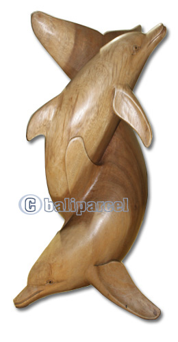 Wooden Two Dolphin Carving, Hand Carved From Suar Wood