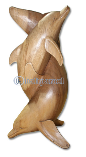 Wooden Two Dolphin Carving, Hand Carved From Suar Wood