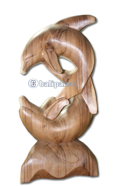 Wooden Two Dolphin Carving, Hand Carved From Suar Wood