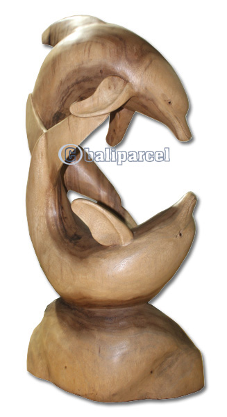 Wooden Two Dolphin Carving, Hand Carved From Suar Wood