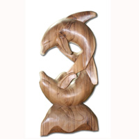 Wooden Two Dolphin Carving, Hand Carved From Suar Wood