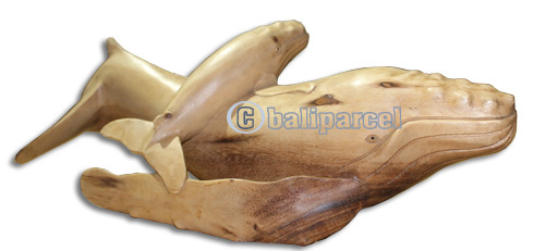 Wooden Whale With Baby Wood Carving, Handcarved From Suar Wood With Natural Polished
