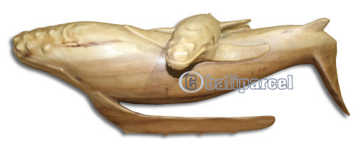 Wooden Whale With Baby Wood Carving, Handcarved From Suar Wood With Natural Polished