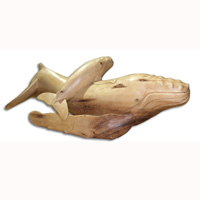Wooden Whale With Baby Wood Carving, Handcarved From Suar Wood With Natural Polished