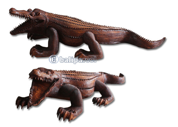 Wooden Crocodile, Hand Carved From Suar Wood With Brown Polished