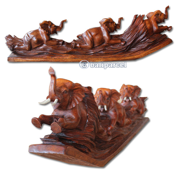 Wooden Elephant , Hand Carved From Suar Wood With Brown Polished