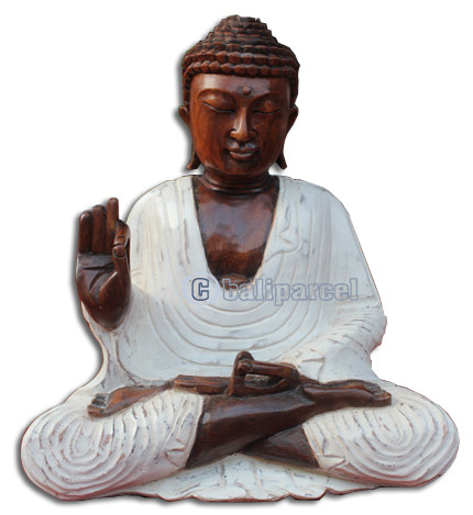 Wooden Buddha Meditating Statue, Hand Carved From Suar Wood With White Wash Colour
