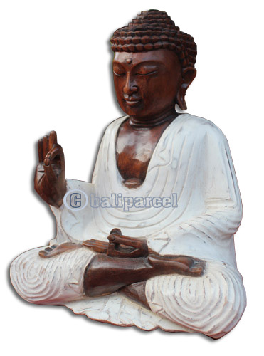 Wooden Buddha Meditating Statue, Hand Carved From Suar Wood With White Wash Colour