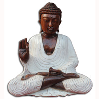 Wooden Buddha Meditating Statue, Hand Carved From Suar Wood With White Wash Colour
