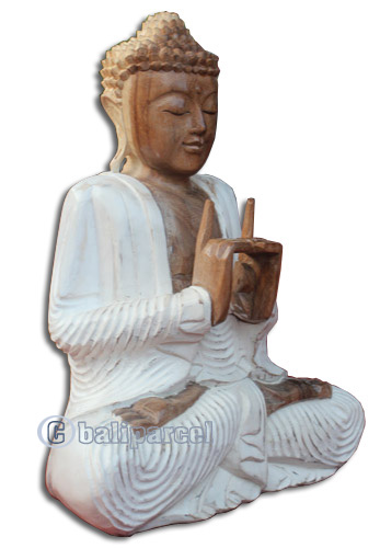 Wooden Buddha Meditating Statue, Hand Carved From Suar Wood With White Wash Colour