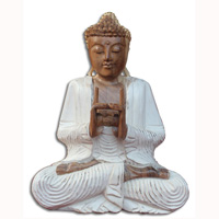 Wooden Buddha Meditating Statue, Hand Carved From Suar Wood With White Wash Colour