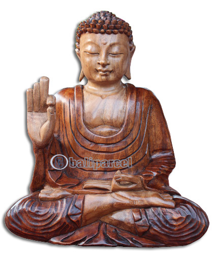 Wooden Buddha Meditating Statue, Hand Carved From Suar Wood With Brown Polished