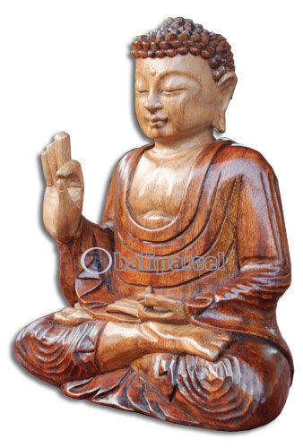 Wooden Buddha Meditating Statue, Hand Carved From Suar Wood With Brown Polished