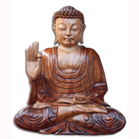 Wooden Buddha Meditating Statue, Hand Carved From Suar Wood With Brown Polished