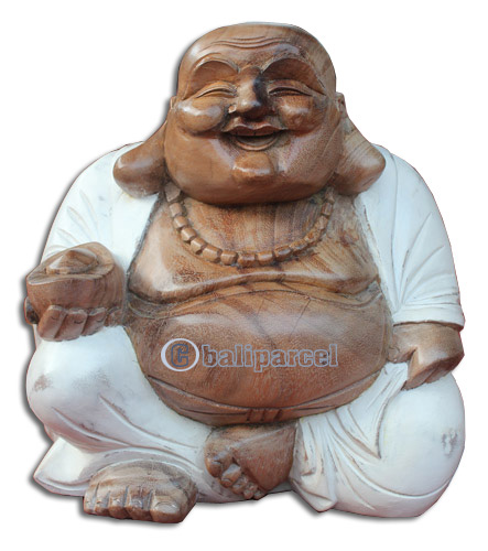 Wooden Happy Buddha, Hand Carved From Suar Wood With White Wash Colour