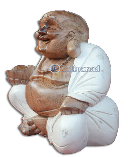 Wooden Happy Buddha, Hand Carved From Suar Wood With White Wash Colour