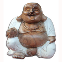 Wooden Happy Buddha, Hand Carved From Suar Wood With White Wash Colour