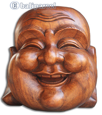 Happy Buddha Head, Hand Carved From Suar Wood